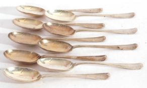 Set of six silver Hanoverian and rat tail dessert spoons, London 1926, makers mark for Josiah