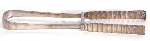 Pair of Georgian silver plated (on copper) chop tongs, 26cm long