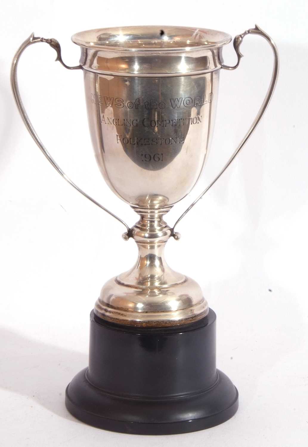 Silver presentation twin handled trophy cup engraved "News of the World Angling Competition