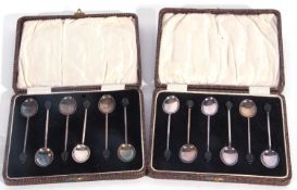 Two cased sets of matching bean and coffee spoons, hallmarked Birmingham 1924, makers mark William