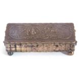 19th Century white metal Dutch trinket box of rectangular form, the hinged lid with embossed