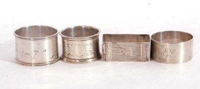 Mixed lot to include four silver serviette rings of various dates and makers, 104 grams gross