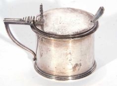 George IV silver mustard of cylindrical drum form, hinged lid engraved with a stag's head with shell
