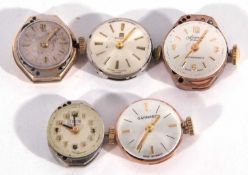 Mixed lot of five ladies wristwatch movements, one with a 9 carat gold case back, the makes