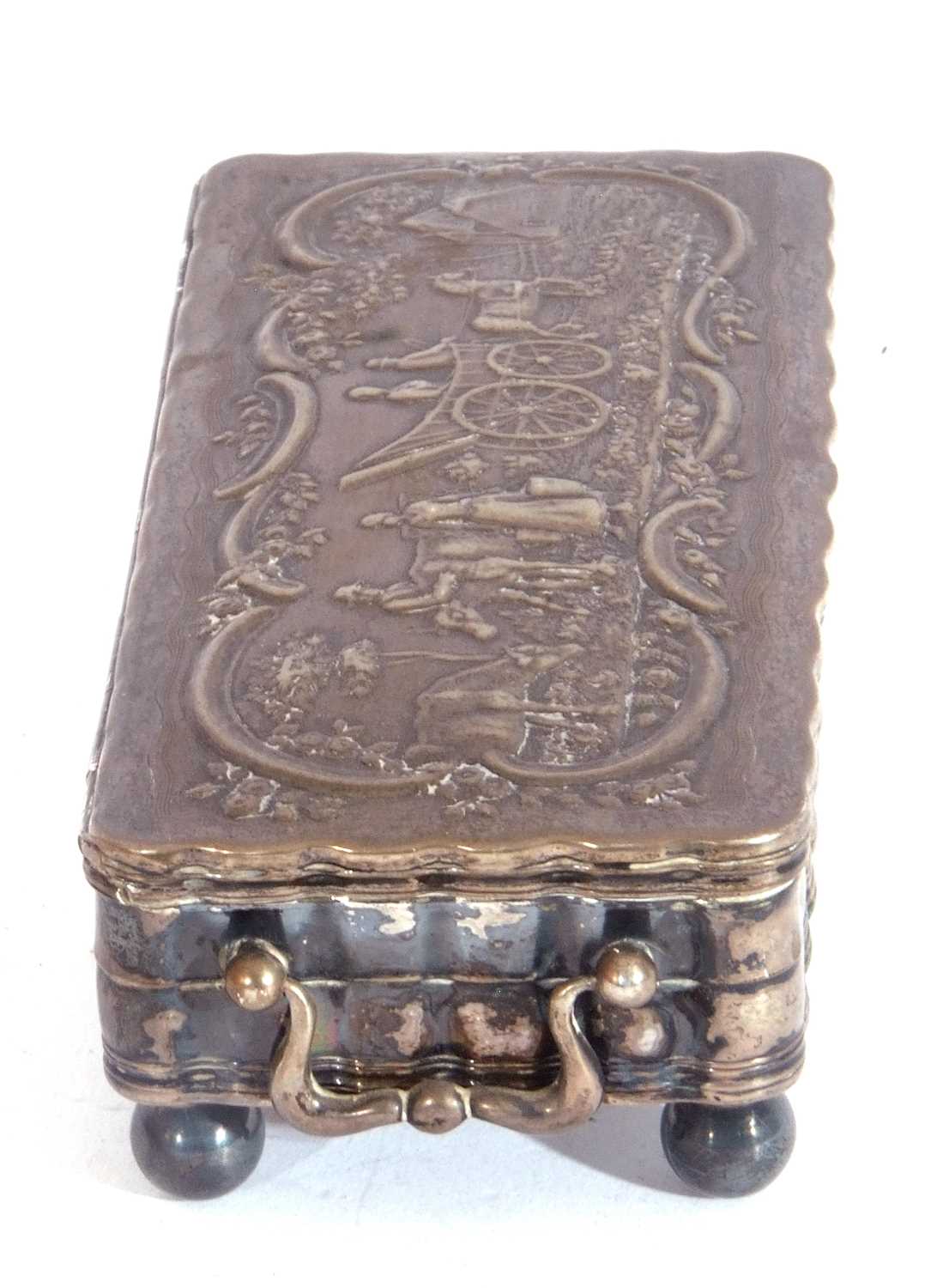 19th Century white metal Dutch trinket box of rectangular form, the hinged lid with embossed - Image 5 of 7