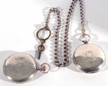 Two Hunter silver pocket watches and a white metal chain. The first pocket watch is made by Elgin
