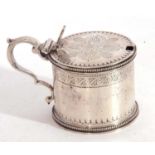 Victorian silver mustard pot of typical form decorated with beaded edges, the hinged lid with