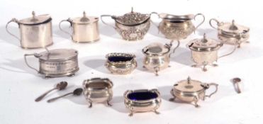 Large quantity of silver condiments to include eight mustards, various dates and makers (5 with blue