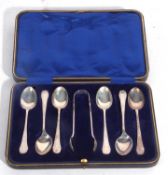 Cased set of six silver teaspoons and matching tongs, Sheffield 1912, makers mark is for W S