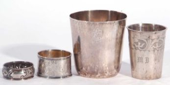 Mixed lot including Georgian silver cup of plain form and engraved with an armorial, marks rubbed,