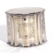 Antique silver plated tea caddy and key in Georgian style of oval panel form, chased engraved
