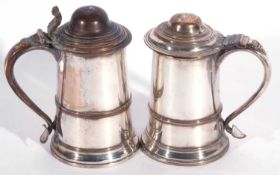 Two Georgian old Sheffield plated tankards circa 1770 with domed hinge lid, one with thumb grip, the