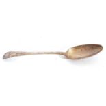 Base marked table spoon with bright cut decoration, makers mark and mark rubbed
