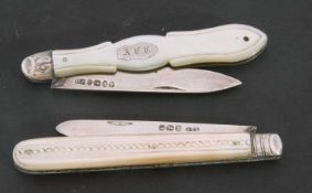 Two silver and mother of pearl handled folding fruit knives, Sheffield 1863 and 1894, one with a