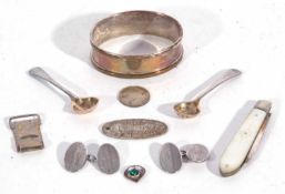 Mixed lot to include a small mother of pearl handle silver fruit knife, a pair of silver condiment