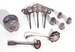Mixed lot to include an Edward VII silver three prong hair slide, a pierced scrolled design with