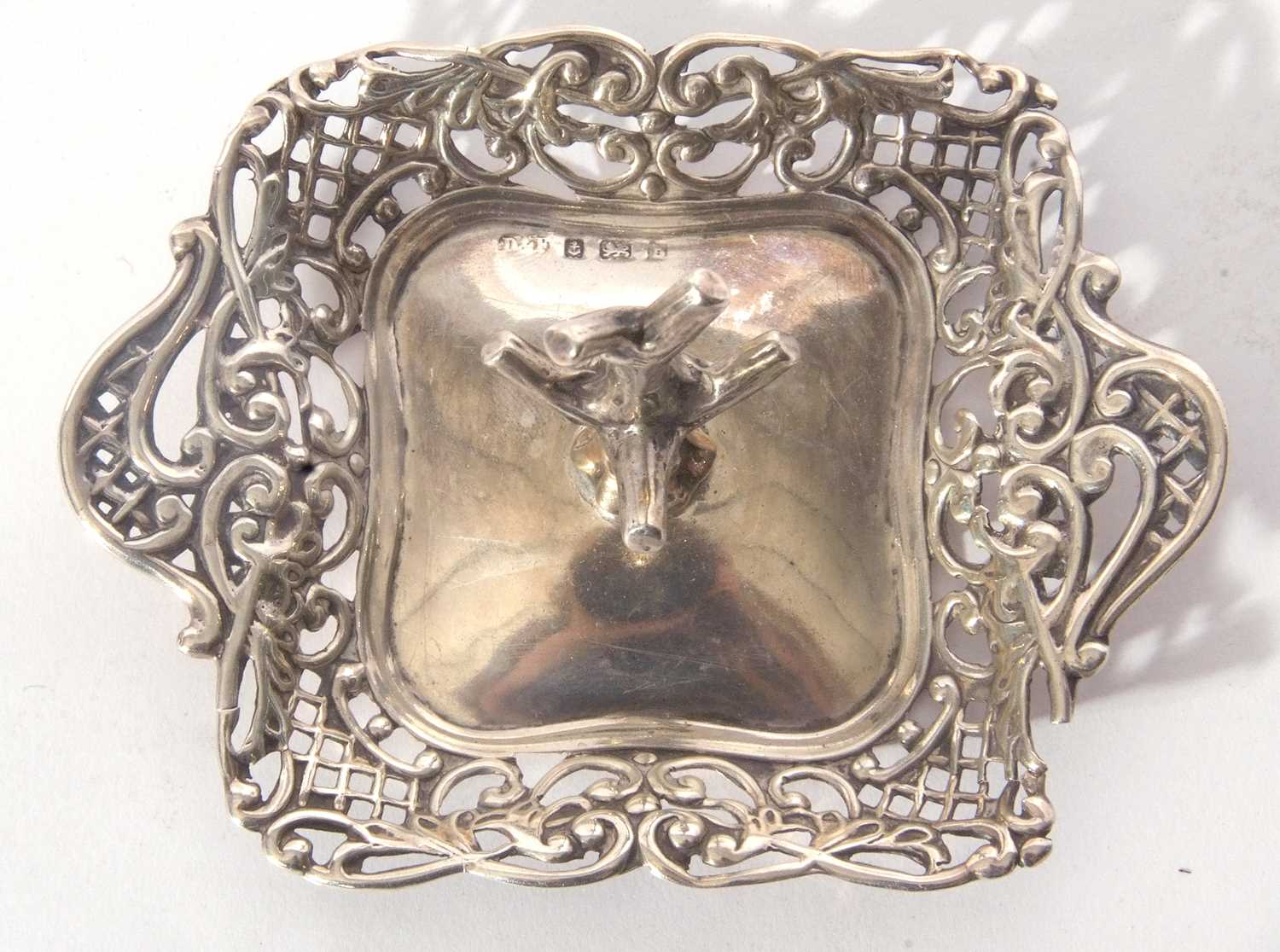 George V silver ring tree stand, the centre with a stylised tree with five branches, the square tray - Image 3 of 3