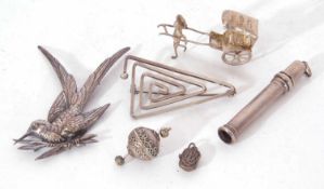 Mixed Lot: silver and white metal wares to include small model man with rickshaw, a brooch in the