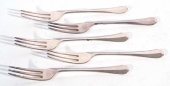 Five George V silver Hanoverian rat tail pattern three-pronged dessert forks, Sheffield 1930, makers