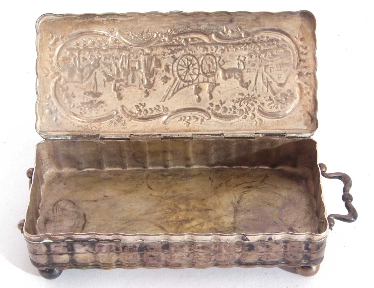 19th Century white metal Dutch trinket box of rectangular form, the hinged lid with embossed - Image 7 of 7