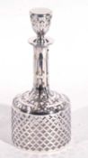 Glass and metal overlaid decanter and stopper of mallet shape, 25 cm tall
