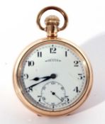 Review gold plated pocket watch. The watch has a 15 jewel Swiss made movement, stamped review. The