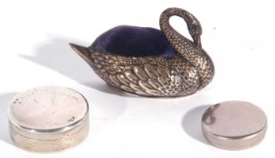 Mixed lot including an Edwardian silver swan pin cushion hallmarked for Birmingham 1910, makers mark
