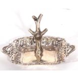 George V silver ring tree stand, the centre with a stylised tree with five branches, the square tray