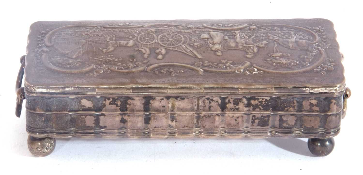 19th Century white metal Dutch trinket box of rectangular form, the hinged lid with embossed - Image 4 of 7