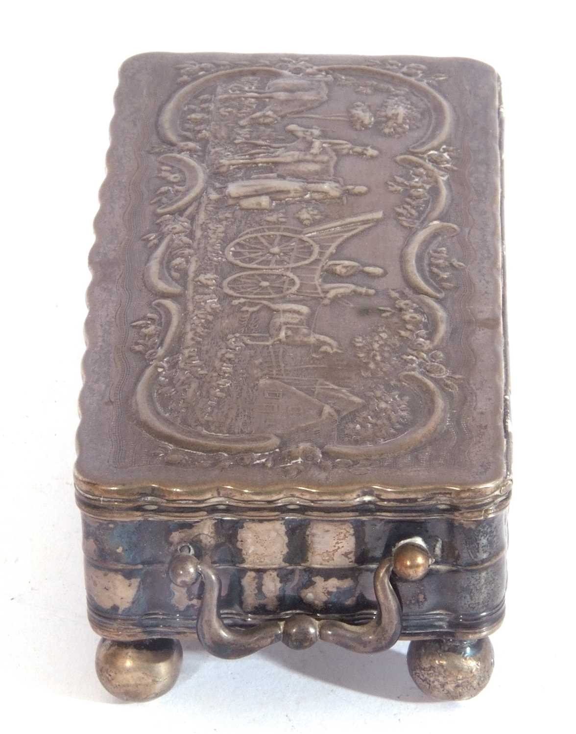 19th Century white metal Dutch trinket box of rectangular form, the hinged lid with embossed - Image 3 of 7