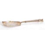 Danish silver cake slice, having a shaped crumb tray to a tapering handle with a hoof shaped finial,