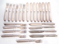 George V part set of silver fish cuttlery to include 12 knives and 11 forks, blades and handles