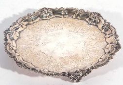 Edward VII silver card salver with pie crust border decorated with shells bearing any engraved