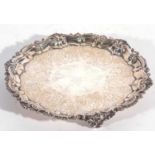 Edward VII silver card salver with pie crust border decorated with shells bearing any engraved