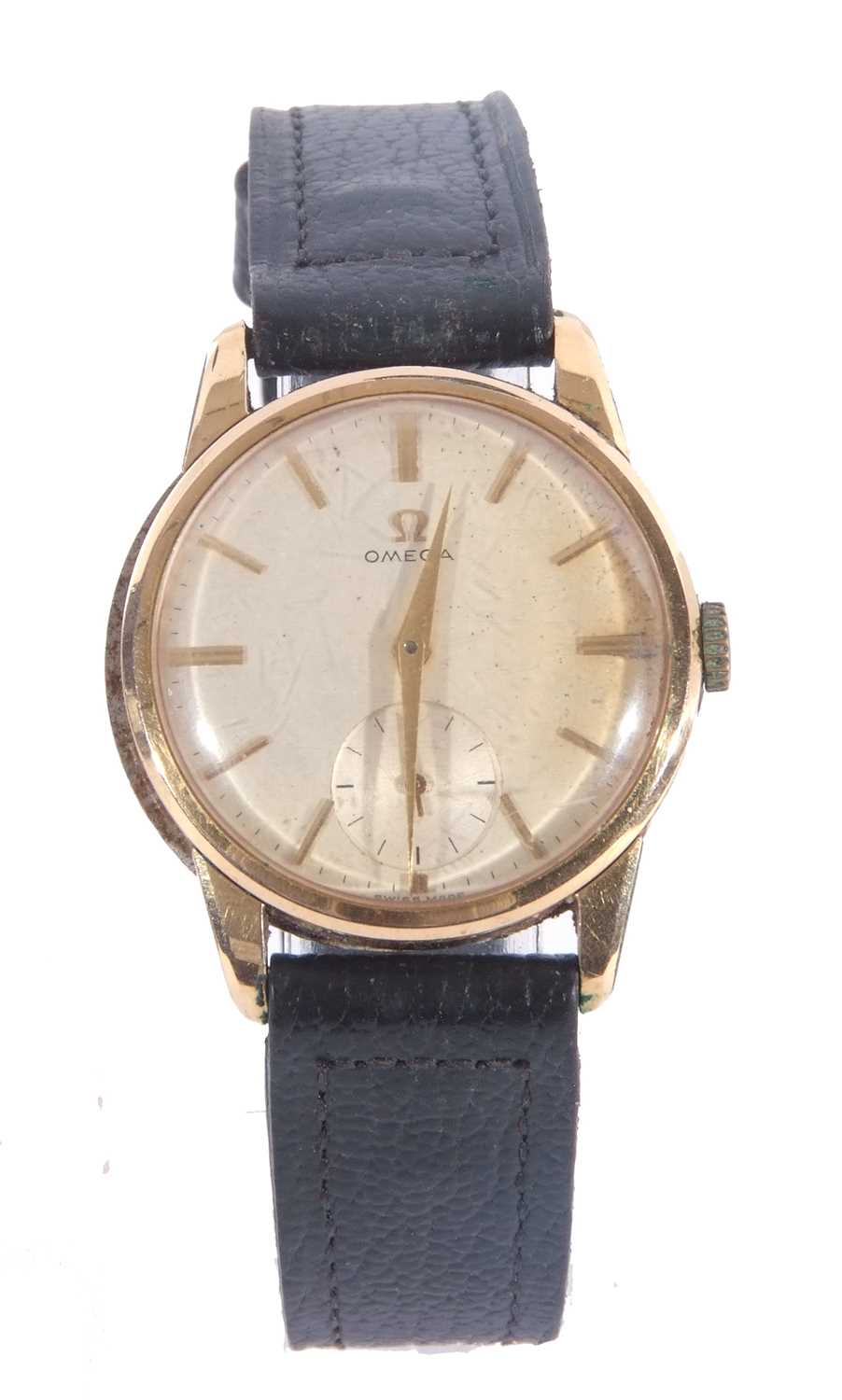 Gents Omega wristwatch with champagne dial and baton hour markers, the dial also features a sub-