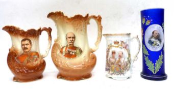 Group of three commemorative jugs and further glass cylindrical other commemorative vase for