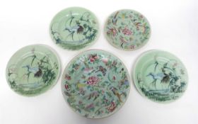 Quantity of Cantonese celadon ground plates with famille rose designs of flowers and birds