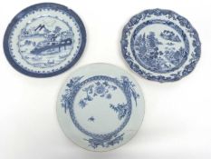 Group of three 18th Century Chinese porcelain plates with blue and white designs, 27 cm diametre (3)