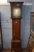 Georgian 30 hour long case clock, the oak case with plain trunk door and box base, the painted