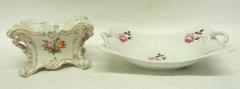 Meissen style flower pot decorated with flowers together with a Coalport style dish, decorated