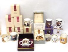 Group of commemorative mugs including Royal Crown Derby example