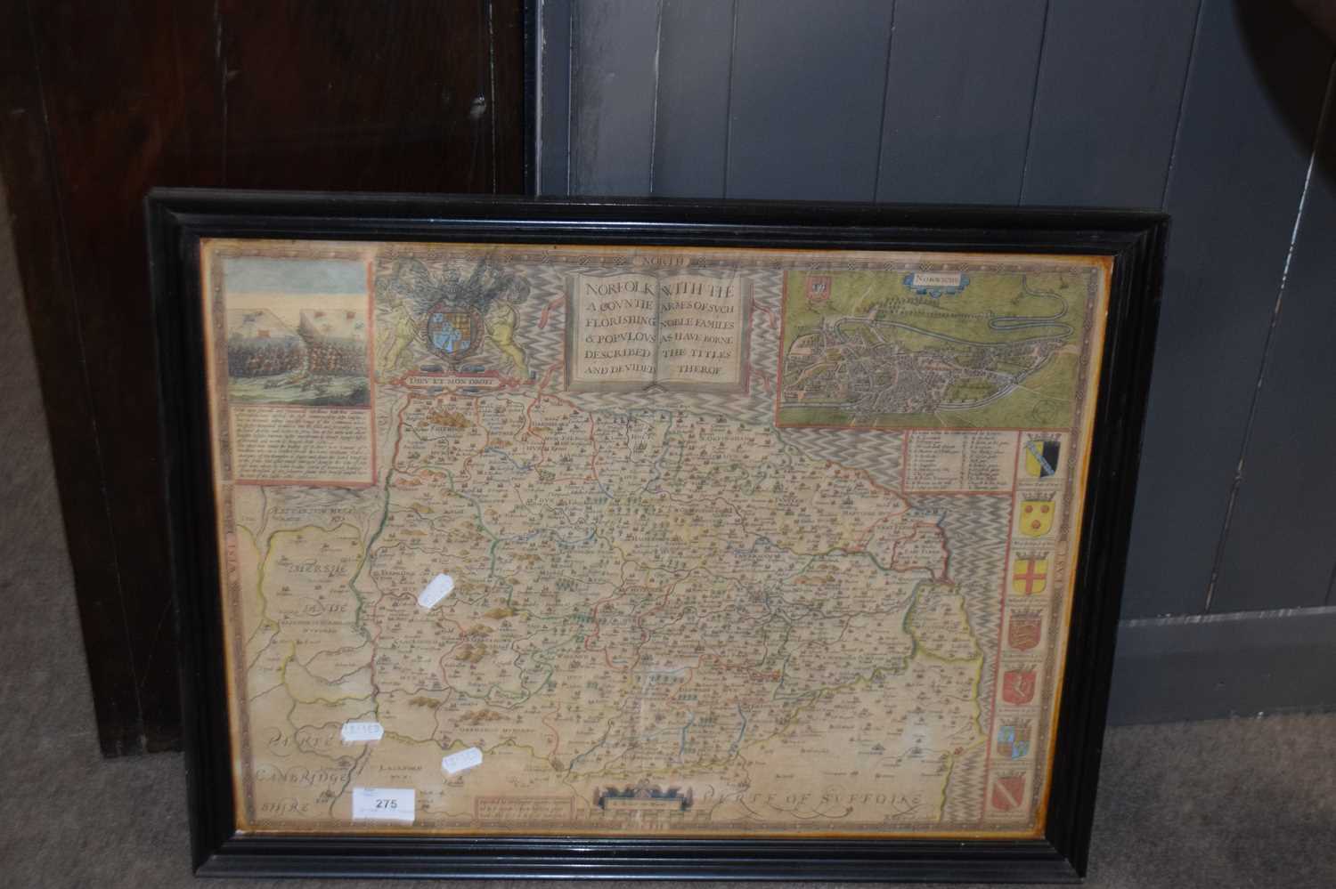 Christopher Saxton coloured map of Norfolk with inset plan of Norwich, 38 x 51 cm, framed and