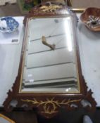19th Century rectangular mirror in mahogany fret work frame, the top with guilded design of a hoo-
