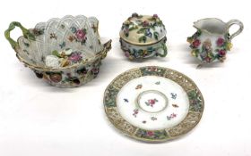 Group of Continental porcelain including a basket, small creamer, small bowl and cover (all a/f)