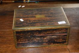 Victorian coromandel and brass bound rectangular box with fitted interior, 30 cm wide