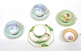 Collection of Paragon cups and saucers comprising an Art Deco trio and others decorated with