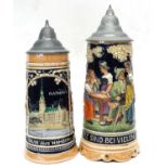 Pair of German Pottery Mettlach style steins, one entitled 'Elbbrucke', the other a musical jug