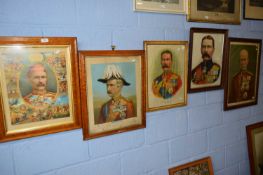 Six framed prints of 19th Century military figures including General Gordon, Earl Kitchiner, Lord