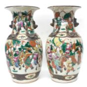 Pair of Chinese crackle ware vases with polychrome designs, Chinese figures and wires, 34 cm high (
