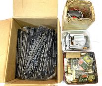 A Large box of 00 gauge model railway track, various accessories and rolling stock